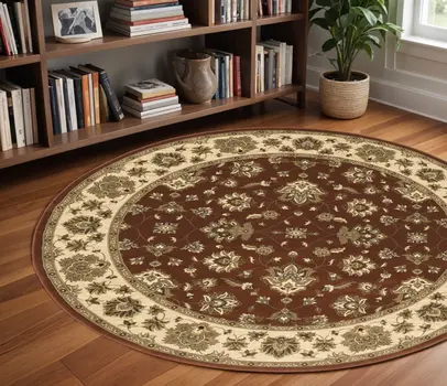 8' Red And Ivory Floral Round Rug