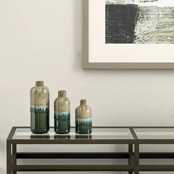 Set of Three Beige Blue And Green Round Ceramic Table Vase
