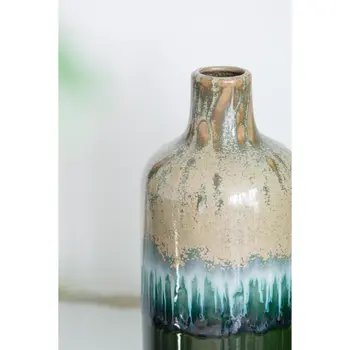 Set of Three Beige Blue And Green Round Ceramic Table Vase