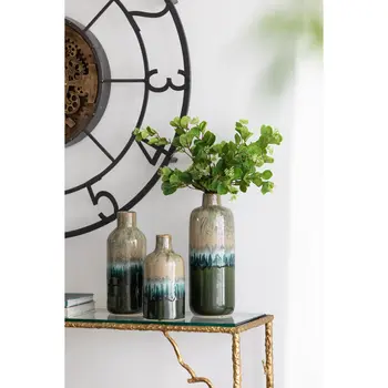 Set of Three Beige Blue And Green Round Ceramic Table Vase