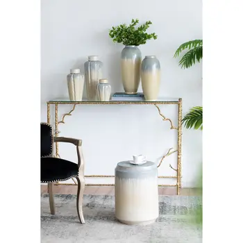 16" Cream And Blue Round Ceramic Table Vase