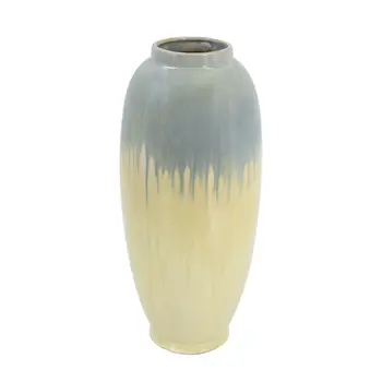 16" Cream And Blue Round Ceramic Table Vase