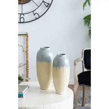 16" Cream And Blue Round Ceramic Table Vase