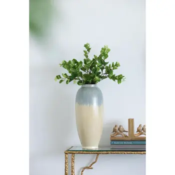 16" Cream And Blue Round Ceramic Table Vase