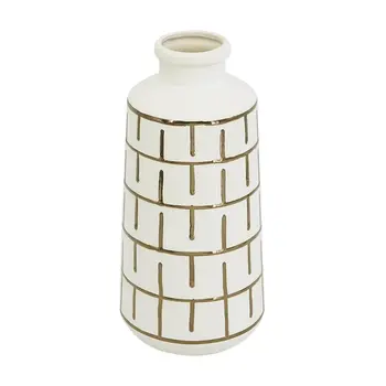12" Ivory And Gold Geometric Round Ceramic Table Vase