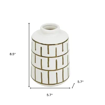 9" Ivory And Gold Geometric Round Ceramic Table Vase