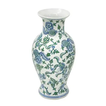 19" White Blue And Green Floral Urn Porcelain Table Vase