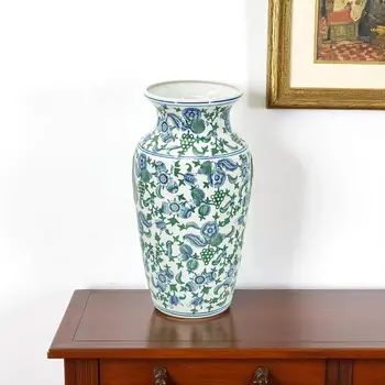 24" Blue And Green Paisley Round Porcelain Table Vase