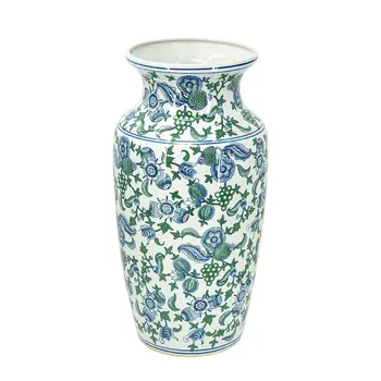 24" Blue And Green Paisley Round Porcelain Table Vase
