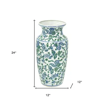 24" Blue And Green Paisley Round Porcelain Table Vase