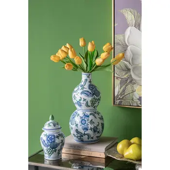 13" Blue And Green Paisley Bud Porcelain Table Vase