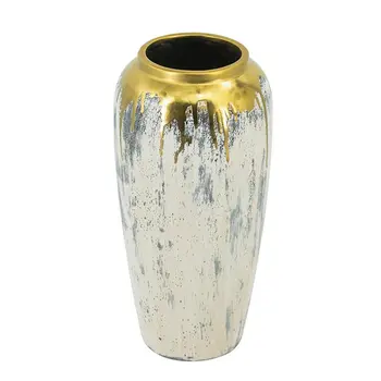14" Gold Gray And Ivory Abstract Round Ceramic Table Vase