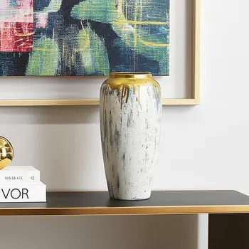 14" Gold Gray And Ivory Abstract Round Ceramic Table Vase
