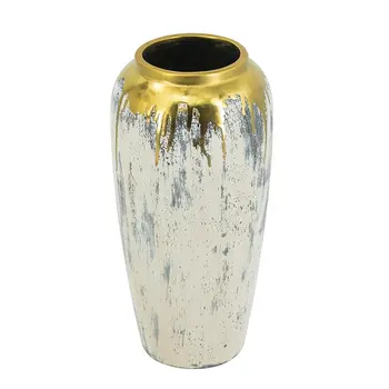 14" Gold Gray And Ivory Abstract Round Ceramic Table Vase