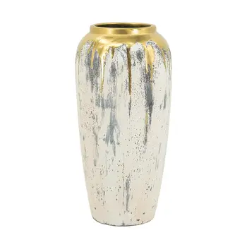 14" Gold Gray And Ivory Abstract Round Ceramic Table Vase