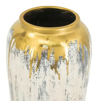 14" Gold Gray And Ivory Abstract Round Ceramic Table Vase