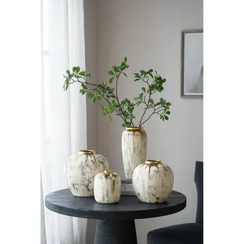 14" Gold Gray And Ivory Abstract Round Ceramic Table Vase