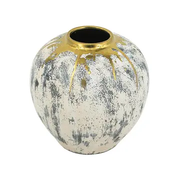 12" Gold Gray And Ivory Abstract Round Ceramic Table Vase
