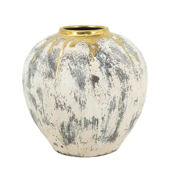 12" Gold Gray And Ivory Abstract Round Ceramic Table Vase