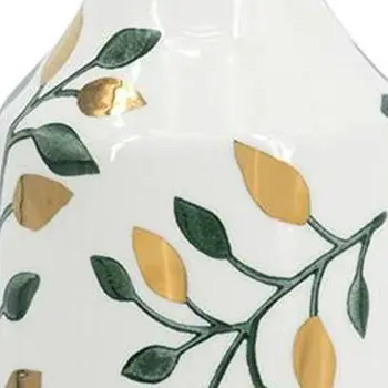 12" White Green And Gold Leaf Bud Ceramic Table Vase