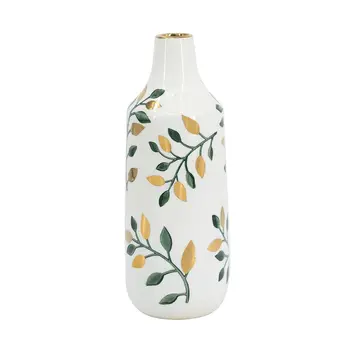 12" White Green And Gold Leaf Bud Ceramic Table Vase