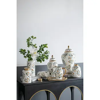 12" White Green And Gold Leaf Bud Ceramic Table Vase