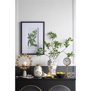9" White Green And Gold Leaf Round Ceramic Table Vase