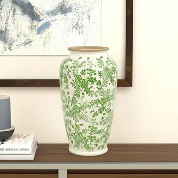 15" Green and White Leaf Trumpet Ceramic Table Vase With Does Not Apply
