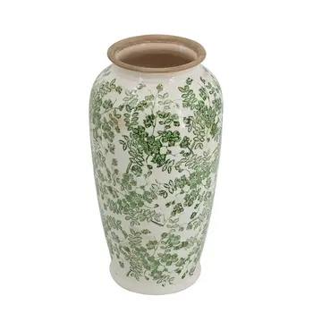 15" Green and White Leaf Trumpet Ceramic Table Vase With Does Not Apply