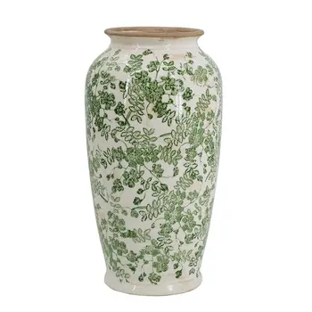 15" Green and White Leaf Trumpet Ceramic Table Vase With Does Not Apply