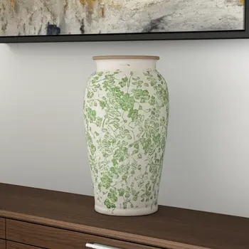 12" Green and White Leaf Round Ceramic Table Vase With Does Not Apply