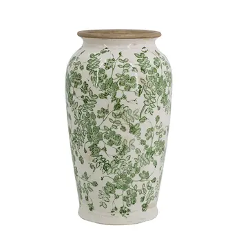 12" Green and White Leaf Round Ceramic Table Vase With Does Not Apply
