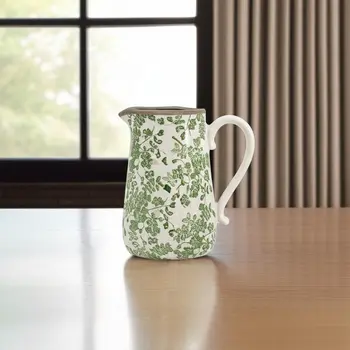 9" Green and White Leaf Round Ceramic Jug Vase With Does Not Apply