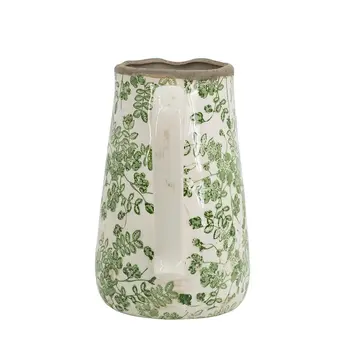 9" Green and White Leaf Round Ceramic Jug Vase With Does Not Apply