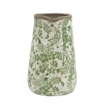 9" Green and White Leaf Round Ceramic Jug Vase With Does Not Apply