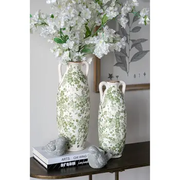 14" Green and White Leaf Amphora Ceramic Table Vase With Does Not Apply