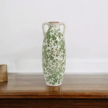 14" Green and White Leaf Amphora Ceramic Table Vase With Does Not Apply