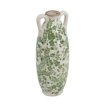 14" Green and White Leaf Amphora Ceramic Table Vase With Does Not Apply