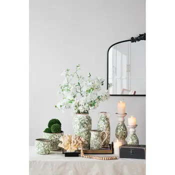14" Green and White Leaf Amphora Ceramic Table Vase With Does Not Apply