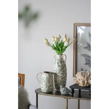 14" Green and White Leaf Amphora Ceramic Table Vase With Does Not Apply