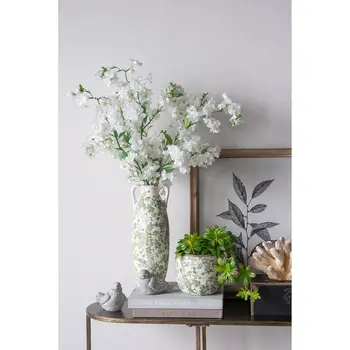 14" Green and White Leaf Amphora Ceramic Table Vase With Does Not Apply