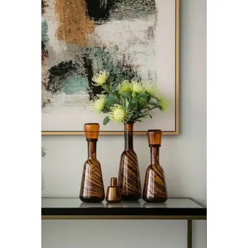 Set of Four Brown Round Glass Decorative Bottles