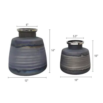 Set of Two Dark Blue And Gray Round Glass Table Vase