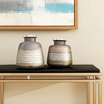 Set of Two Dark Blue And Gray Round Glass Table Vase