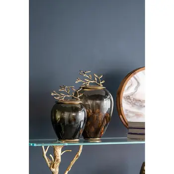 14" Green And Gold Round Glass Jar