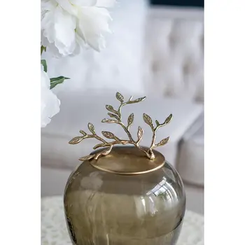14" Green And Gold Round Glass Jar