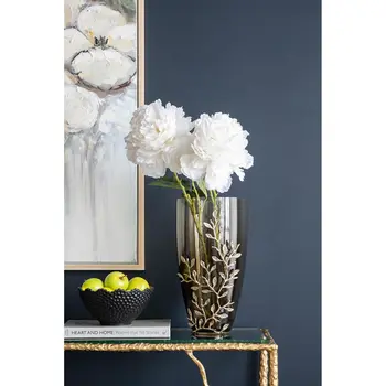 15" Green And Gold Leaf Round Glass Table Vase
