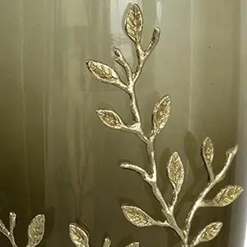 15" Green And Gold Leaf Round Glass Table Vase