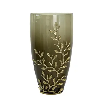 15" Green And Gold Leaf Round Glass Table Vase