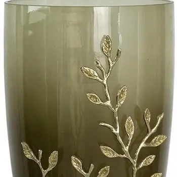 15" Green And Gold Leaf Round Glass Table Vase